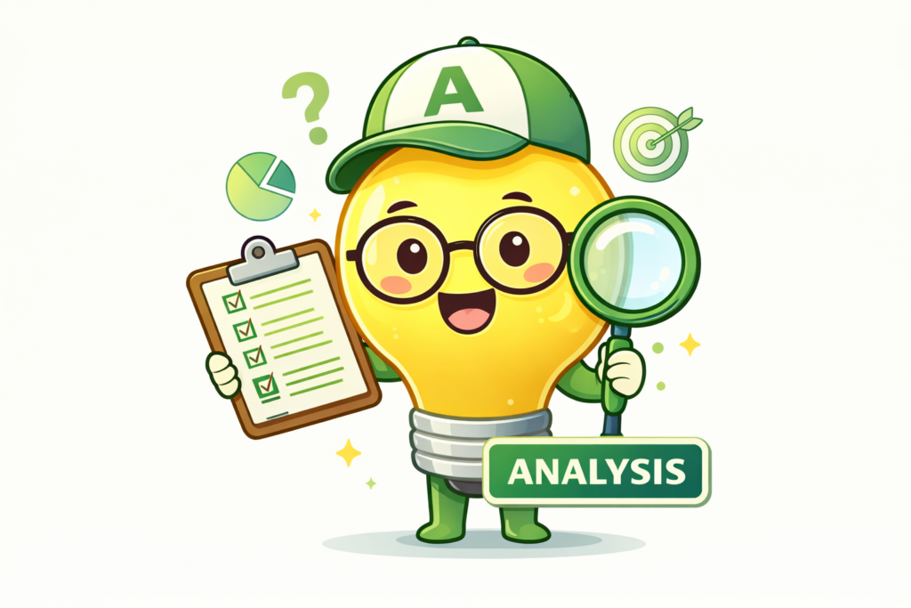 A cute cartoon lightbulb, holding a clipboard and magnifying glass, wearing a hat, with a letter A. 