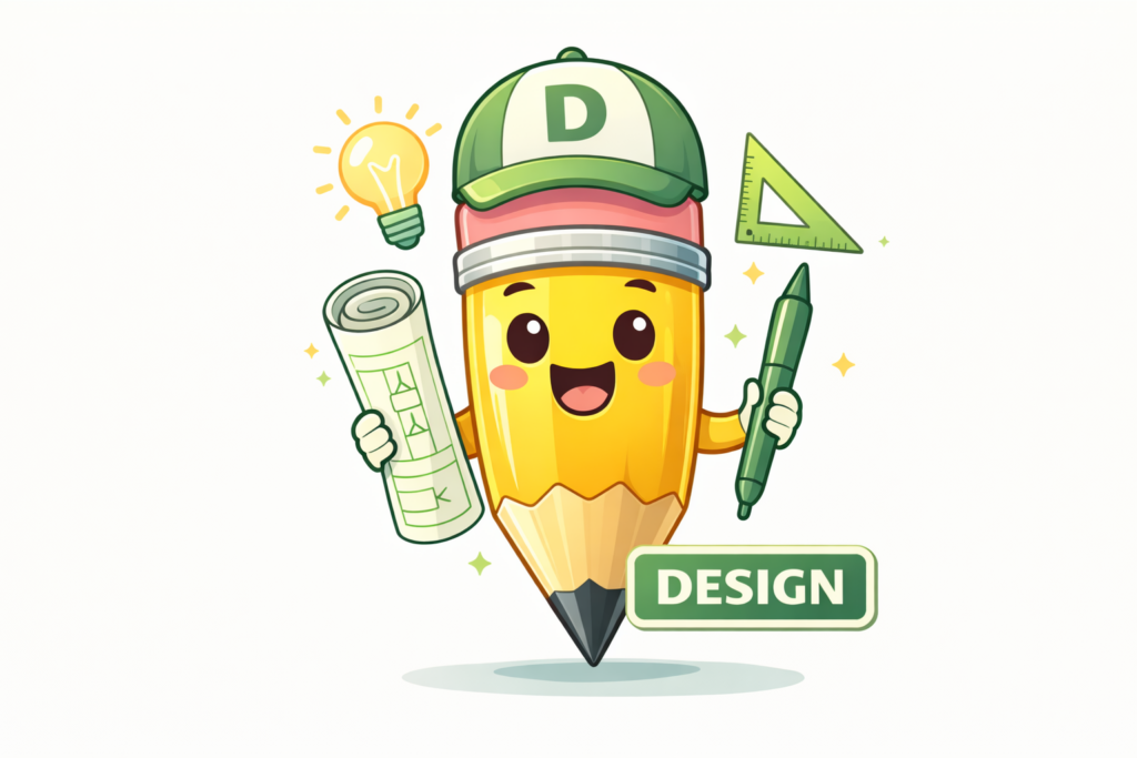 A cute cartoon pencil, holding a plan and pen, wearing a hat, with a letter D. 