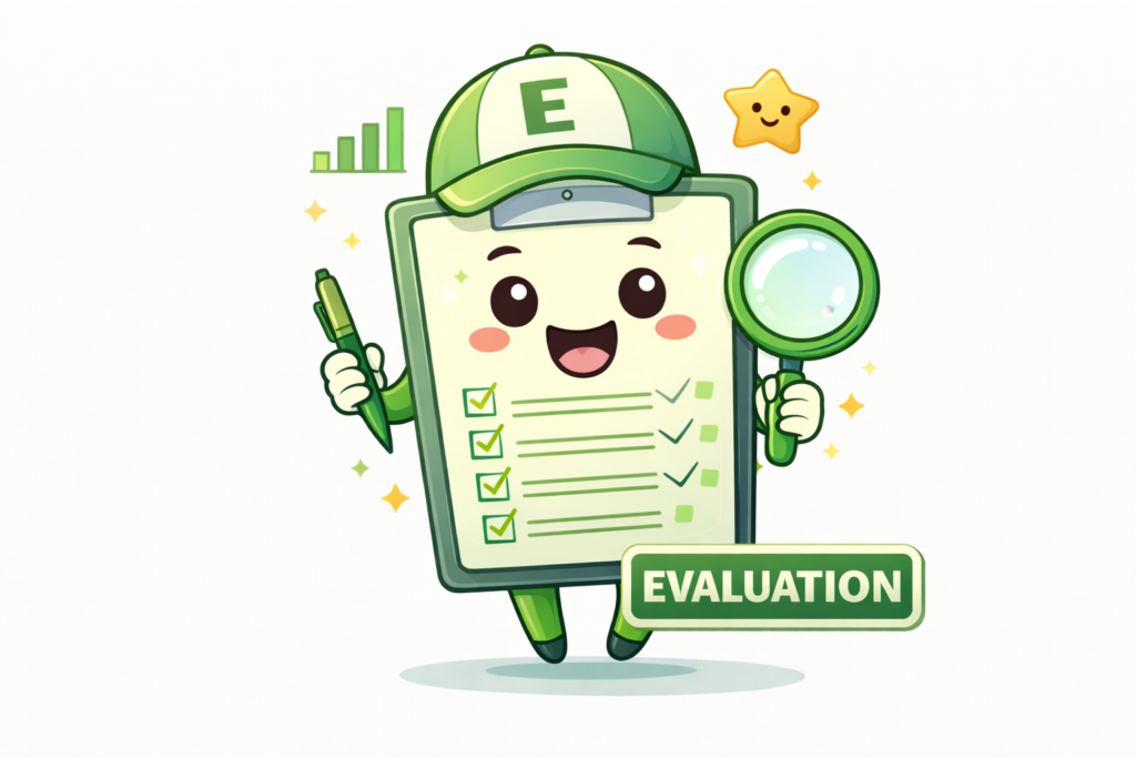 A cute cartoon checklist, holding a magnifying glass and pen, wearing a hat, with a letter E on it. 