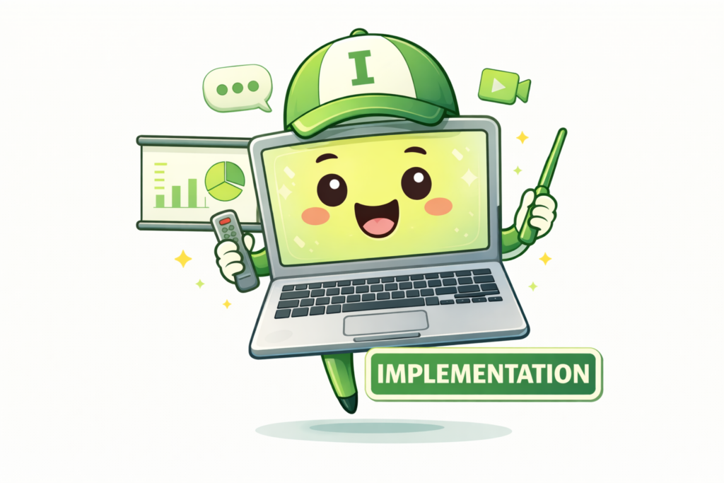 A cute cartoon laptop, holding a remote control for a presenation and pen, wearing a hat, with a letter I on it. 